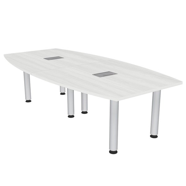 Skutchi Designs 8 Person Boat Conference Table with Power And Data, Silver Post Legs, 8X4 Table, White Cypress H-BOT-4693-PT-WC-EL